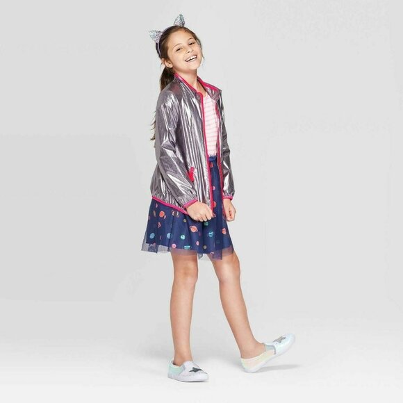 Girls Metallic Silver 6/6x Windbreaker Jacket With Pink Trim Full-Zip Pockets El - Picture 3 of 6